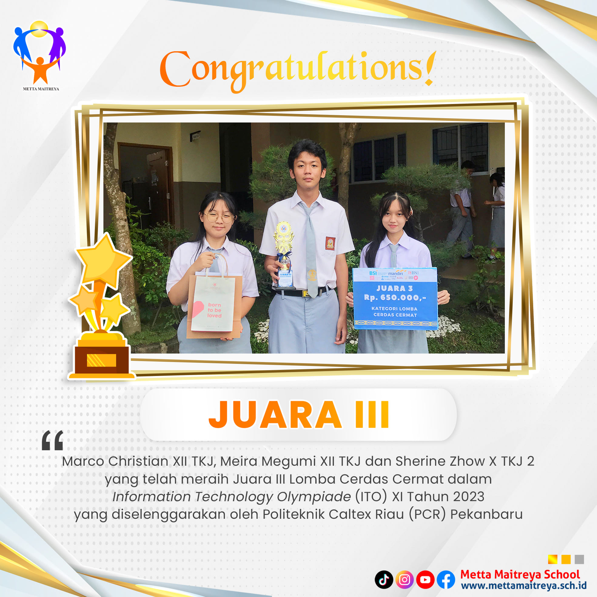 Prestasi Peserta Didik dalam Lomba Cerdas Cermat dalam Information Technology Olympiad (ITO) XI Tahun 2023 | SMK METTA MAITREYA